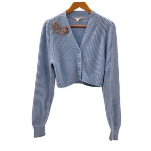 Love Shack Fancy Cardigan Sweater Rhinestone Crop Small Blue Cashmere Wool